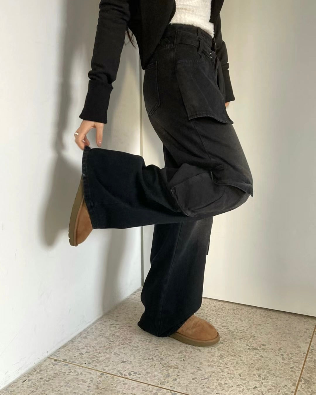 拼接假兩件工裝牛仔褲