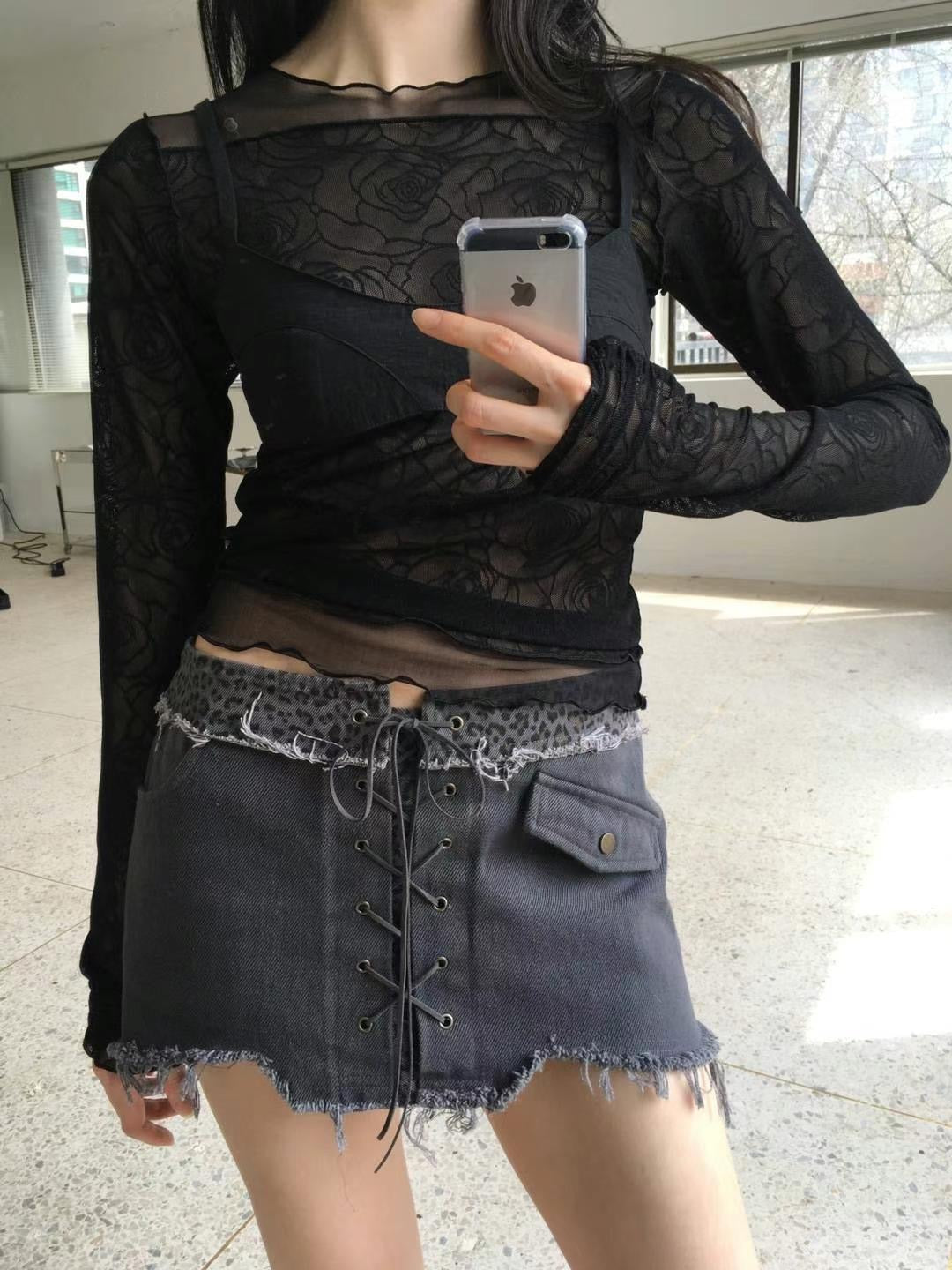 低腰豹紋牛仔拼接短裙