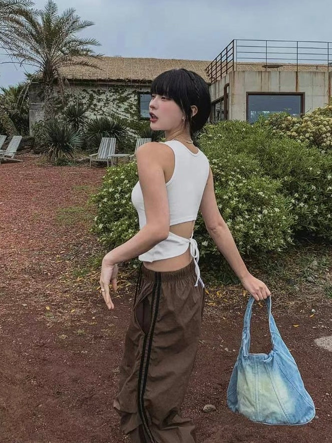 後背鏤空綁帶削肩背心