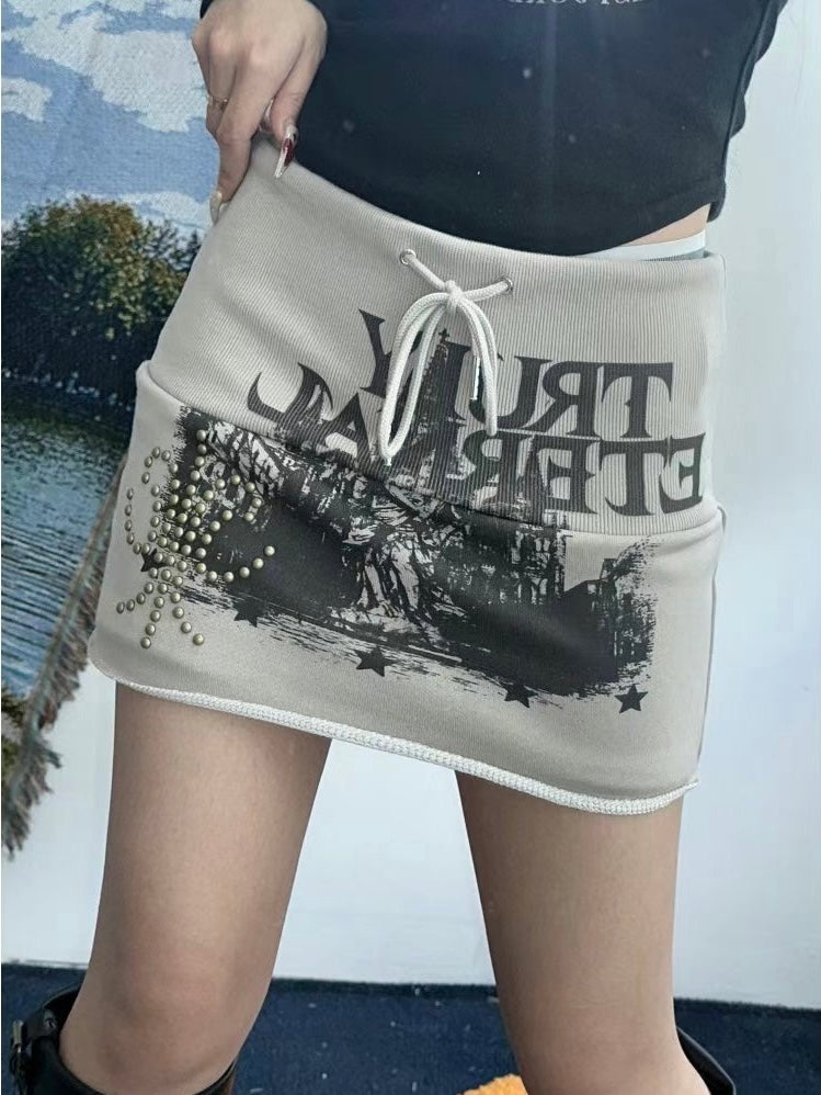 美式復古印花包臀裙褲