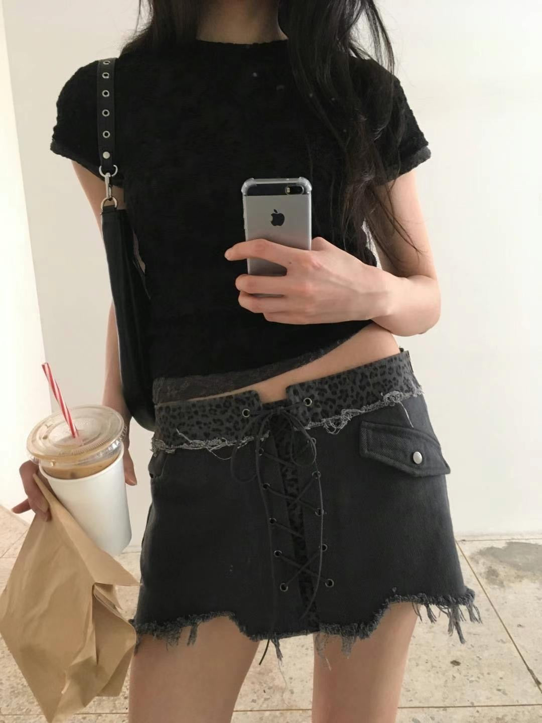 低腰豹紋牛仔拼接短裙