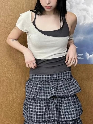 撞色露肩上衣兩件套
