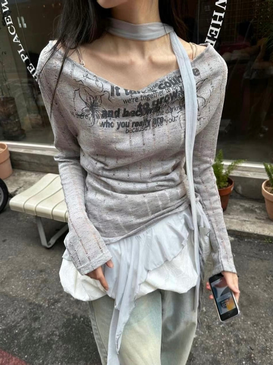 微透膚一字肩印花上衣