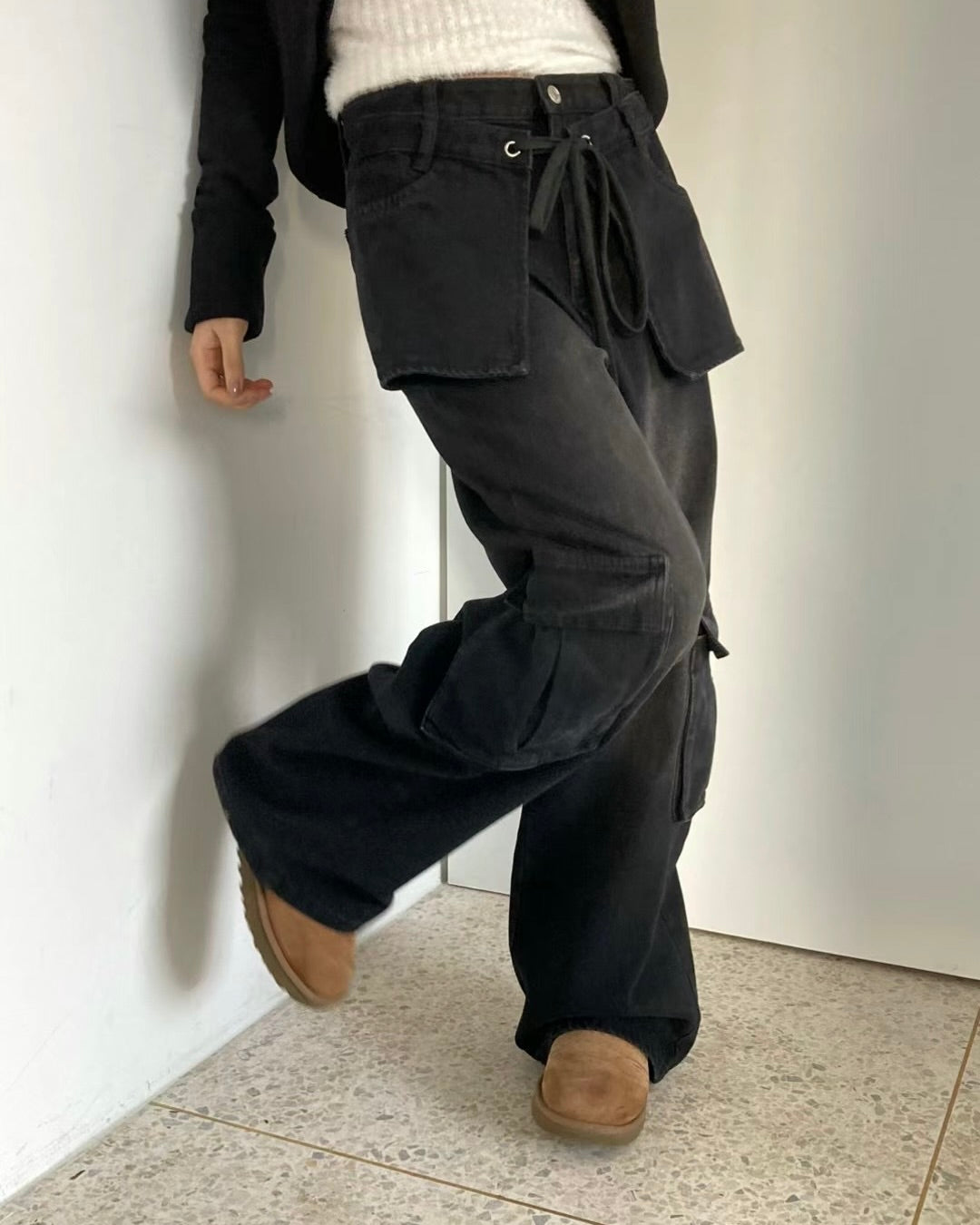 拼接假兩件工裝牛仔褲