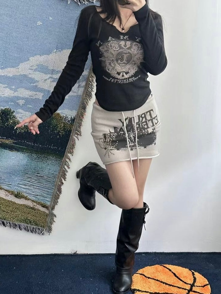 美式復古印花包臀裙褲