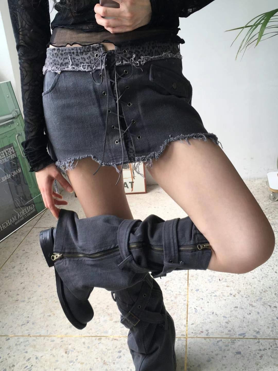 低腰豹紋牛仔拼接短裙