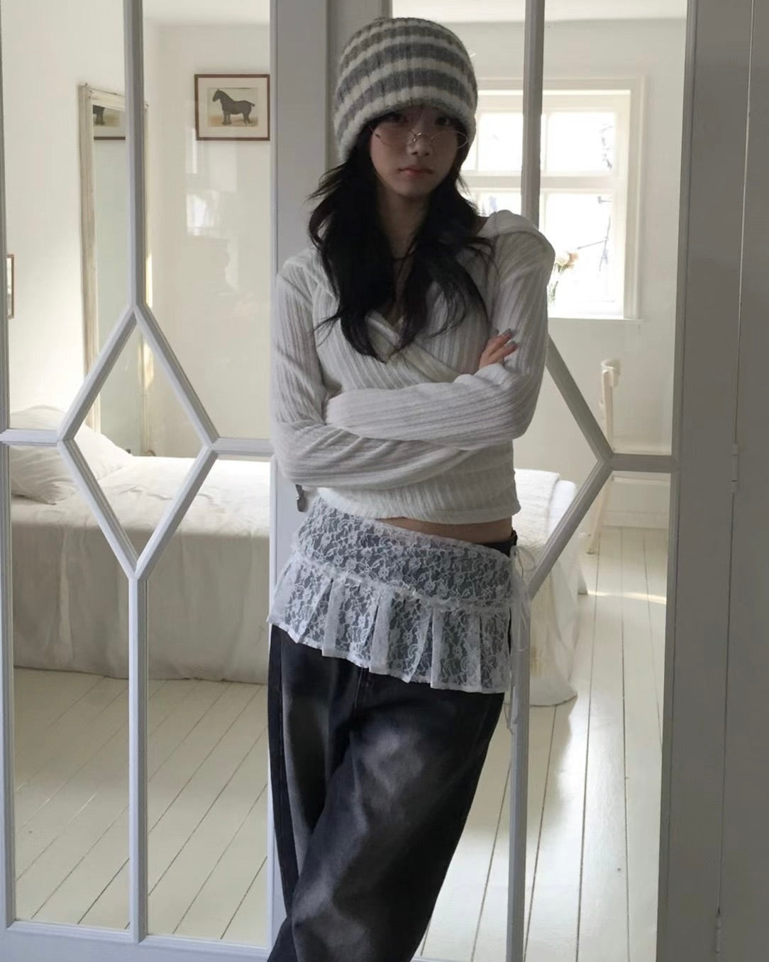 綁帶蕾絲疊穿裙簾