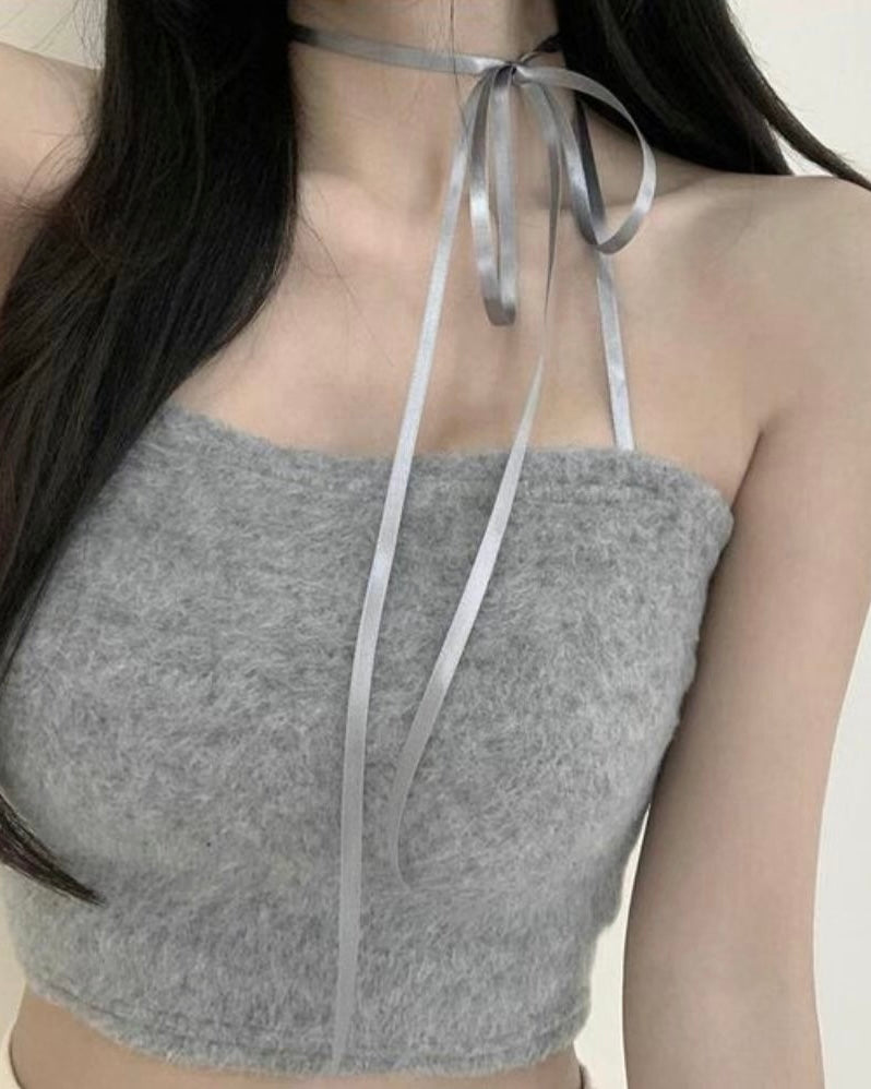 絨毛綁帶抹胸￼