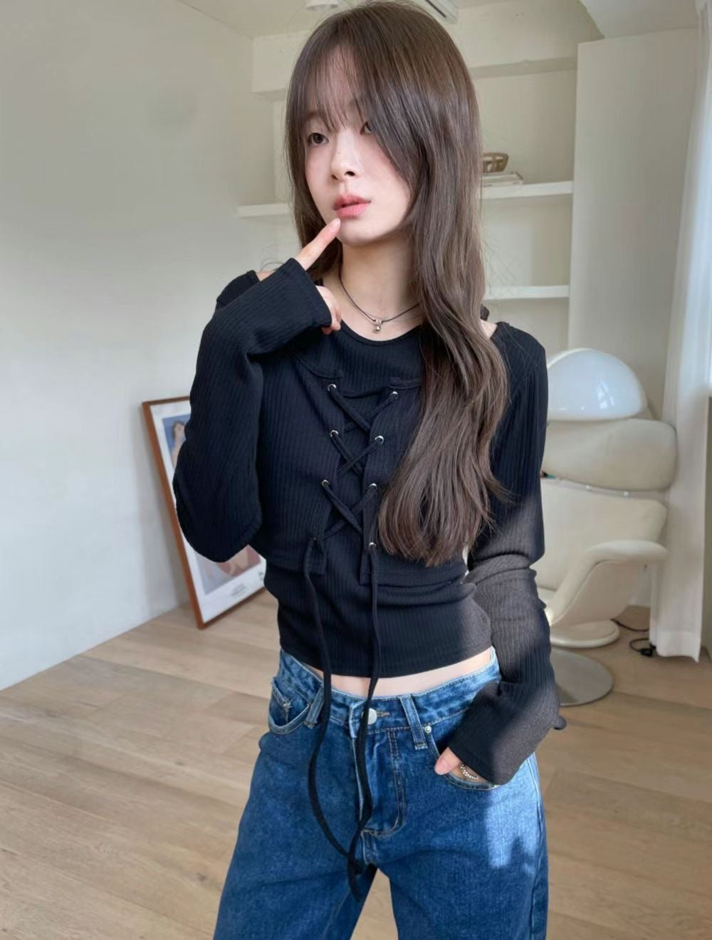 綁帶坑紋上衣set