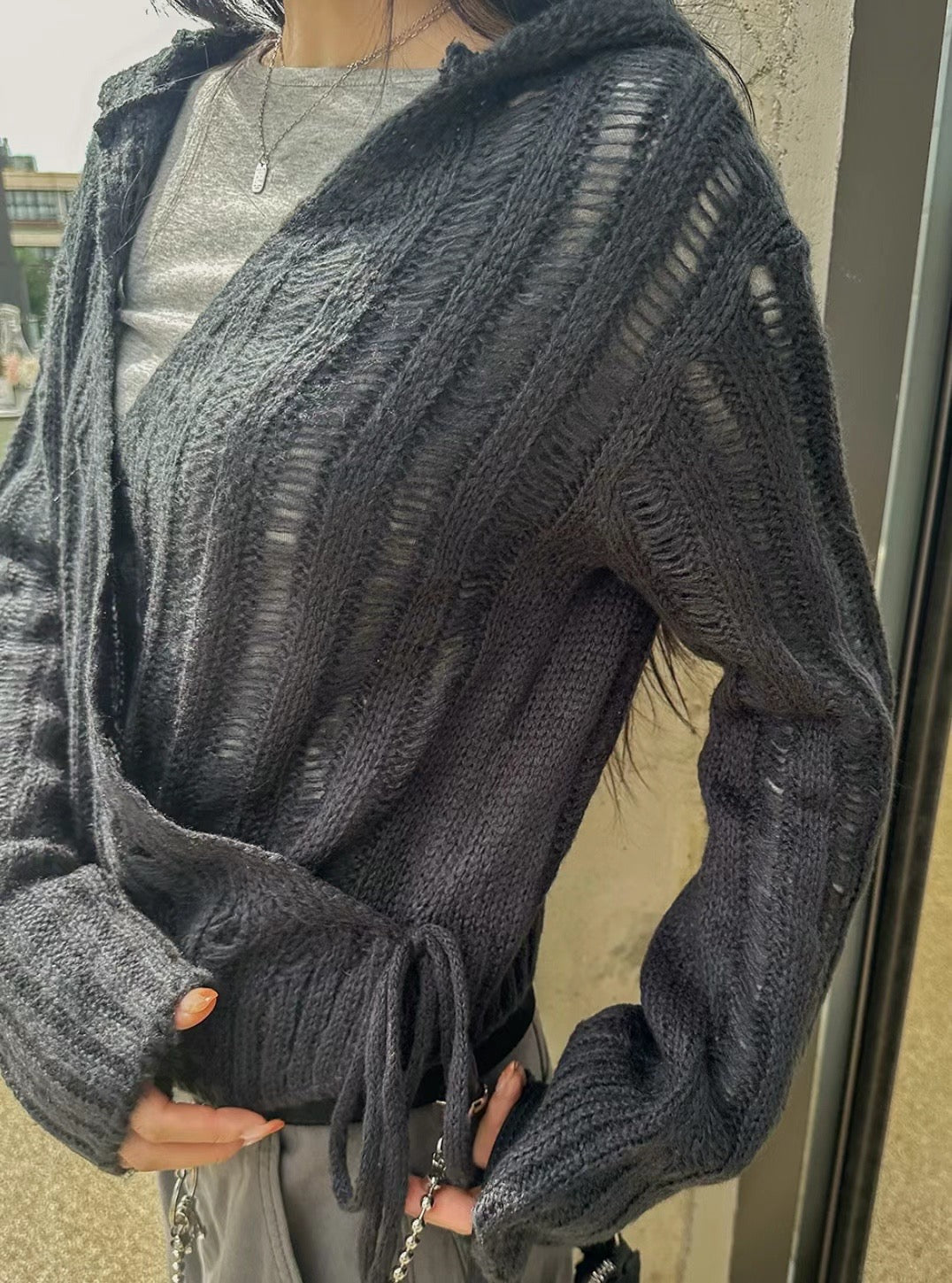 針織連帽綁帶外套