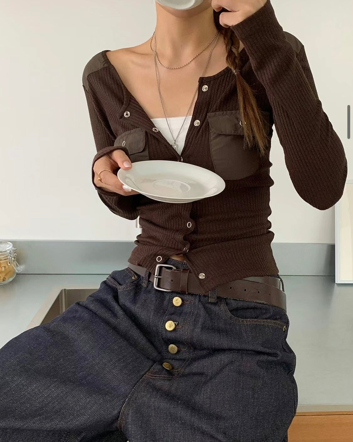 拼接坑紋扣鈕上衣